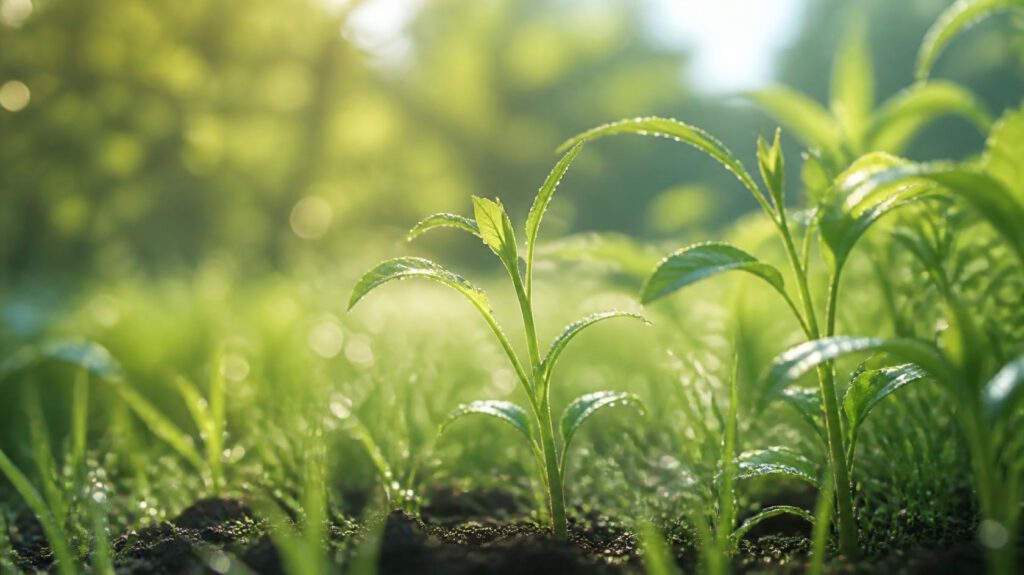 Young plants growing from the soil, a symbol of steady growth
